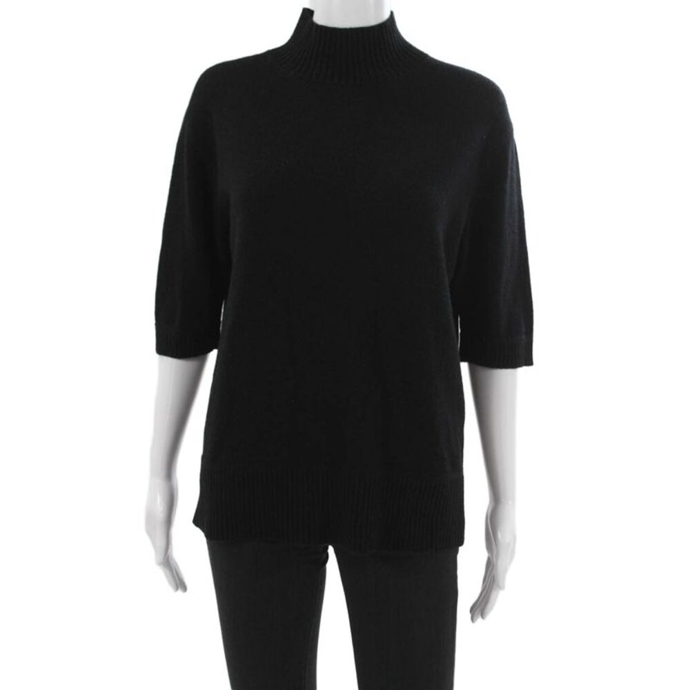 Sharis Women Black 100% Cashmere Mock Neck Short Sleeve Pullover Size L
